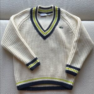 Lacoste Men's V-Neck Sweater in Cream with Black and Yellow Accents
